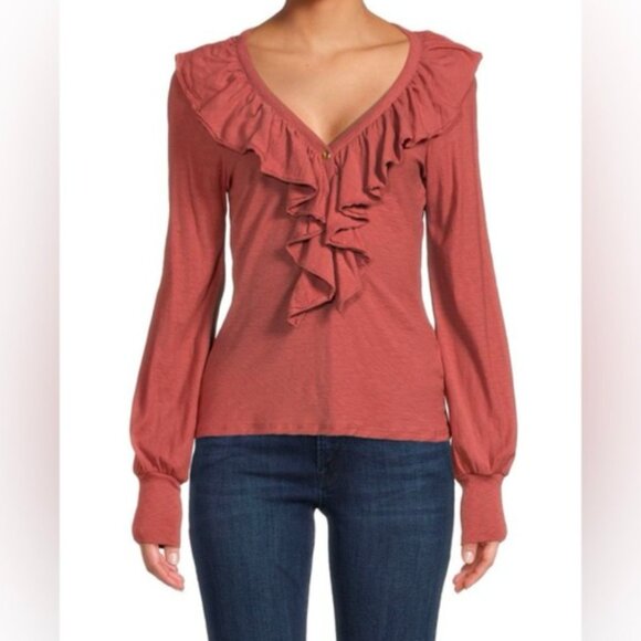 Nation LTD Tops - Nation LTD Burnt Orange Lalita Ruffled Neckline Long Sleeve Tee